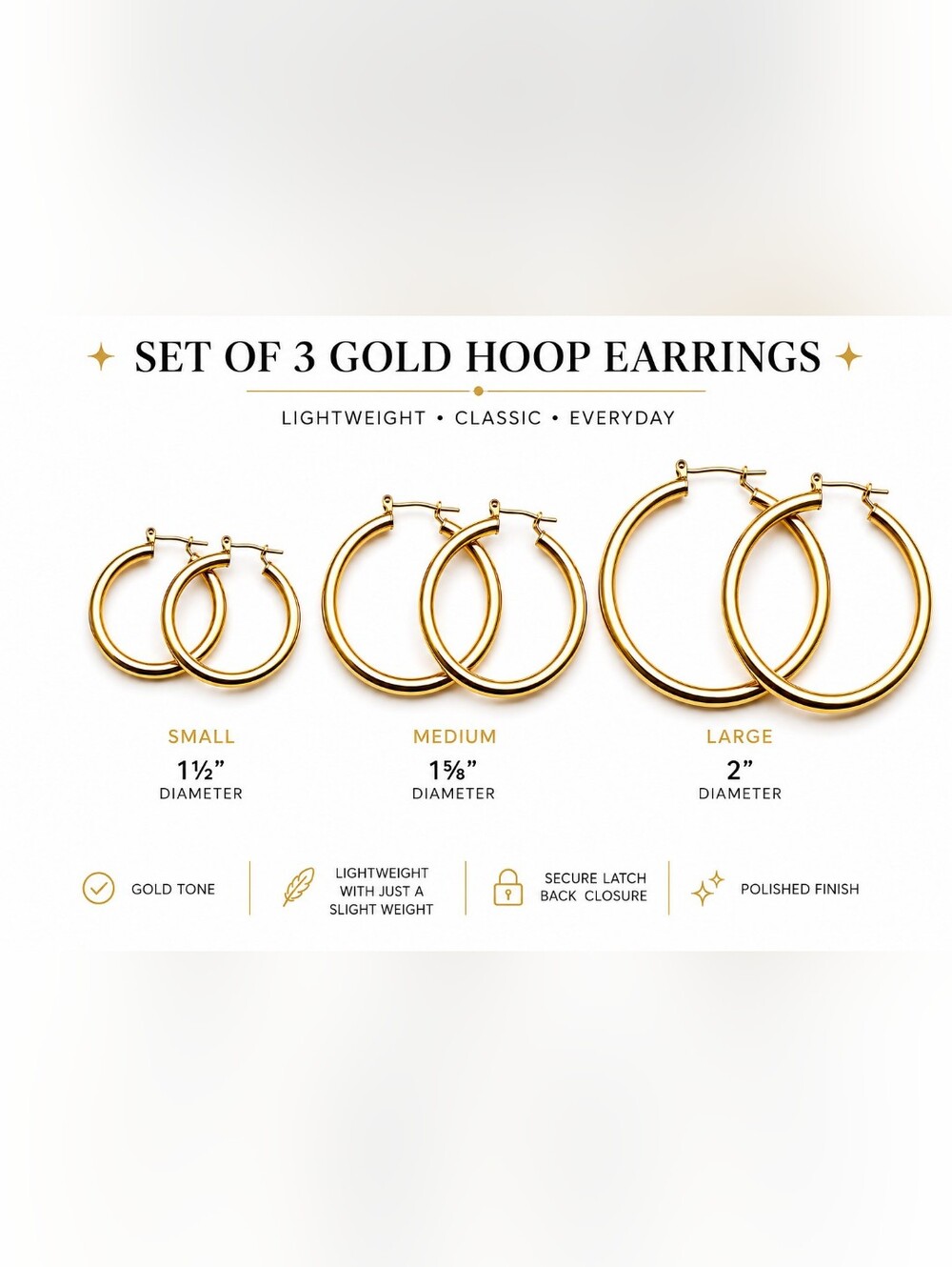 Set of 3 Gold Tone Hoop Earrings 1½" 1⅝" & 2" Lightweight NWOT
